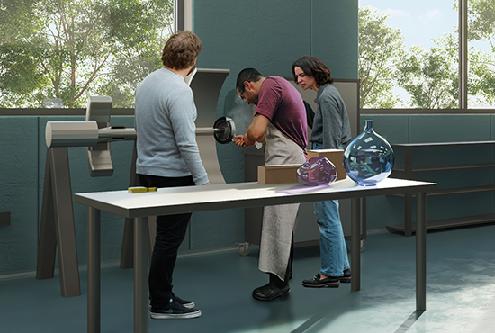 rendering of students working on glass projects